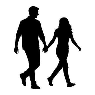 Yanyana yürüyen ve el ele tutuşan bir adam ve bir kadının siyah silueti. Soldaki adam yakalı bir gömlek ve pantolon giyiyor. Kadın sağda, tişört ve pantolon giyiyor. Her iki figür de profile göre, yüzleri t 'ye dönük.