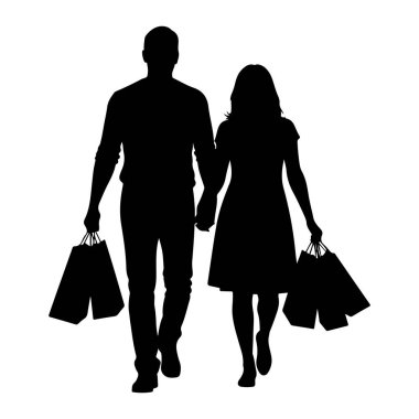 Beyaz arka planda el ele yürüyen bir çiftin siyah silueti. Adam solda, pantolon ve gömlek giyiyor ve sağ elinde iki alışveriş torbası taşıyor. Kadın sağda, elbise giyiyor ve üç Sho taşıyor.