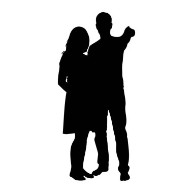 Birarada duran siyah bir çift silueti. Adam sağda, kolu açık ve öne bakıyor. Kadın solda, ona yakın duruyor, başını hafifçe eğmiş. Ayakları birbirine değiyor. Arkaplan ne kadar sade