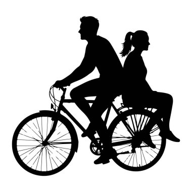Birlikte bisiklete binen bir adam ve bir kadının siyah silueti. Adam önde pedal çeviriyor, kadın da arkasında oturuyor. Görüntü, beyaz arkaplana karşı basit, grafik bir resimdir.