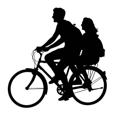 İkili bisiklete binen bir adam ve bir kadının siyah silueti. Adam önde pedal çeviriyor ve kadın da onun arkasında oturuyor. İkisinin de sırt çantası var. Görüntü, beyaz arkaplana karşı temiz ve grafik bir resimdir..