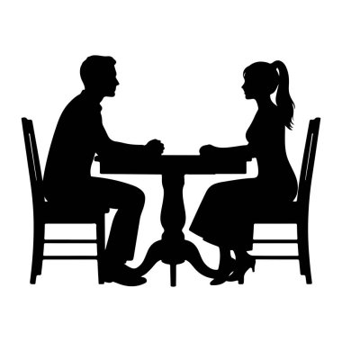 Yuvarlak bir masada karşılıklı oturan bir adamla bir kadının siyah silueti. Onlar sandalyelerde oturuyorlar, yüzleri birbirine dönük, elleri masanın üzerinde dinleniyorlar. Arkaplan beyaz.