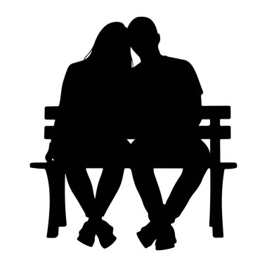 Parktaki bankta yan yana oturan bir çiftin siyah silueti. Başları birbirine dokunuyor, yakınlık ve şefkat gösteriyor. Arkaplan düz beyaz, figürleri vurguluyor..