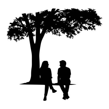 Siyah bir siluet, büyük bir ağacın yatay dalında oturan bir çifti tasvir eder. Ağacın kalın bir gövdesi ve ayrıntılı yapraklarla dolu geniş bir örtüsü vardır. Çift yüz yüze görüşüyor, sohbet etmeyi veya anı paylaşmayı öneriyor. Görüntü 