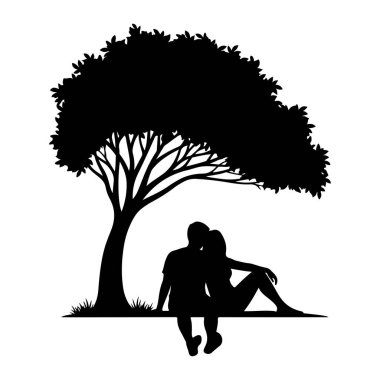 Siyah bir siluet, büyük bir ağacın gölgesinde birlikte oturan bir çifti tasvir eder. Ağacın yapraklardan ve görünür dallardan oluşan bir gölgesi vardır. Çift yatay bir yüzeyde, bacakları sarkık bir şekilde duruyor. Sahne hazırlandı.