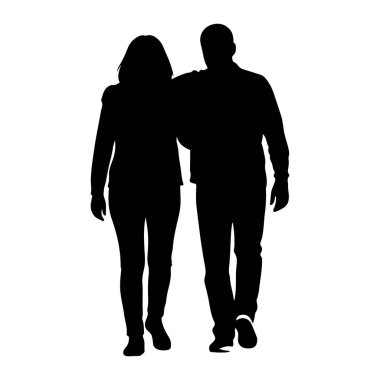 Siyah bir siluet, kollarını birbirlerine dolayarak yürüyen bir çift. Adamın kolu kadının omuzlarına dolanmış. Her ikisi de gündelik giysiler giymişler ve ileri yürüyor gibi görünüyorlar. Arkaplan düz beyaz.