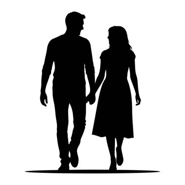 Siyah bir siluet bir adam ve bir kadın el ele tutuşarak birlikte yürüyorlar. Adam solda, pantolonu ve uzun kollu gömleği var. Sağdaki kadın, elbise giyiyordu. Birbirlerine döndüler ve hareket halindeler. Şey...
