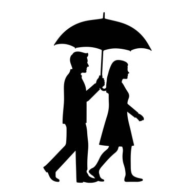 Yanyana yürüyen bir adam ve bir kadının siyah silueti. Adam her ikisinin üzerinde büyük siyah bir şemsiye tutuyor. Adam takım elbise giyiyor ve kadın da elbise giyiyor. Profilde resmedilmiş, soldan sağa doğru hareket ediyorlar.