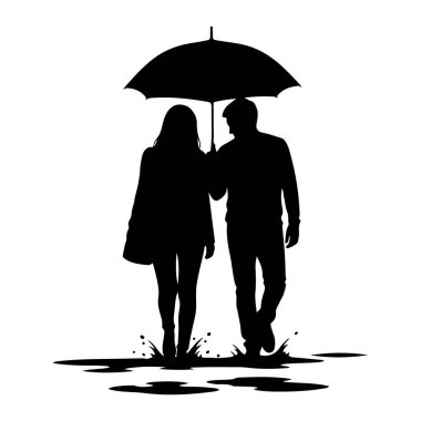 Büyük bir şemsiye altında birlikte yürüyen siyah bir çift silueti. Su birikintilerinden geçiyorlar, ayaklarına su sıçrıyor. Kadın solda, bir çanta taşıyor, ve erkek de sağda. Arkaplan düz beyaz.