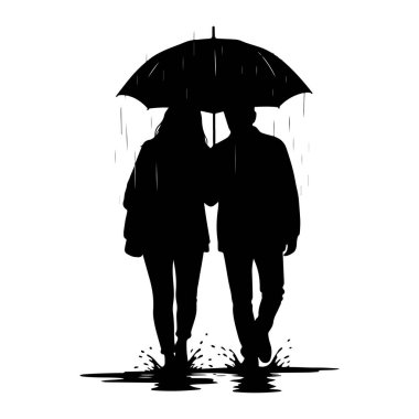 Büyük bir şemsiye altında birlikte yürüyen siyah bir çift silueti. Şemsiyeden düşen yağmur damlaları tasvir edilir ve ayaklarının etrafındaki su birikintilerine sıçrar. Arkaplan düz beyaz.