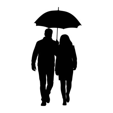 Siyah bir şemsiye altında yürüyen bir adam ve bir kadının siyah silueti. Belden yukarısına doğru tasvir edilirler, şemsiye üstlerinde tutulur. Arkaplan beyaz.