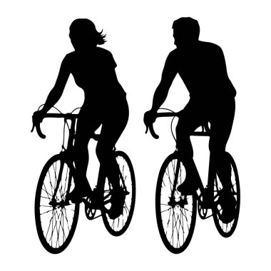 Bisiklet süren bir adamla bir kadının siyah silueti. Şekiller yandan gösteriliyor, sağdaki adam ve soldaki kadın. İkisi de pedal çeviriyor, vücutları öne eğik. Bisikletlerin tekerlekleri, çerçeveleri var.