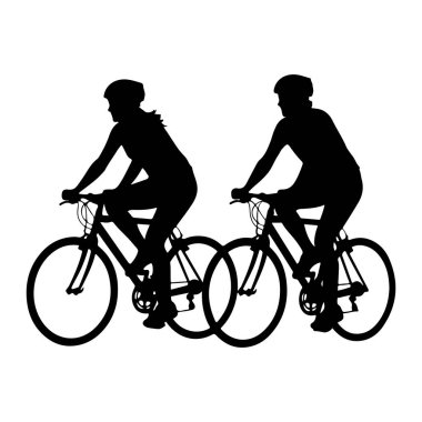 Beyaz bir arka plana karşı yan yana bisiklete binen iki kişinin siyah silueti. Her iki şahıs da kask takıyor ve hareket ediyor gibi görünüyor. Görüntü, bisikletin paylaşılan bir aktivite olarak temiz ve grafik bir temsilidir..