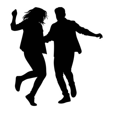 Beyaz arka planda enerjik bir şekilde dans eden bir çiftin siyah silueti. Soldaki kadın kutlama jesti için kolunu kaldırdı, saçları dalgalanıyor. Sağdaki adam onun elini tutuyor, o da hareket halinde. J 'nin ortasında gibi görünüyorlar.