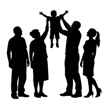 Bir ailenin siyah silueti bir araya geldi. Bir erkek, bir kadın ve diğer iki yetişkin bakarken bir çocuğu kollarını açıp havada tutuyor. Çocuk da heyecandan kollarını kaldırdı. Rakamlar bir düzlüğe karşı resmedilmiş. 