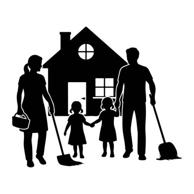 Siyah bir siluet bir evin önünde bir aileyi tasvir eder. Bir erkek ve kadın, muhtemelen ebeveynler, el ele tutuşan iki genç kızın her iki tarafında dururlar. Kadın kova tutuyor, adam süpürge tutuyor. Babası da süpürge tutuyor. Ev. 