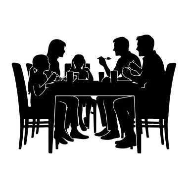 Bir yemek masasının etrafında toplanmış beş kişilik bir aileyi tasvir eden siyah bir siluet. Masada oturan iki yetişkin ve üç çocuk, ellerinde birkaç kap ve kap ile birlikte yemek yediklerini öne sürüyorlar. Sahne basit bir şekilde gösteriliyor, Gra.