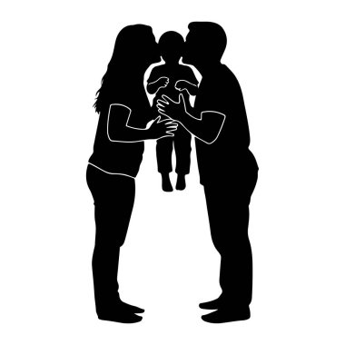 Beyaz arka planda üç kişilik bir ailenin siyah silueti tasvir edilir. Bir erkek ve bir kadın, muhtemelen ebeveynler, aralarında tutulan küçük bir çocuğu öpmek için eğiliyorlar. Çocuğun kolları çocuğun kolları arasındadır ve çocuğun elleri...