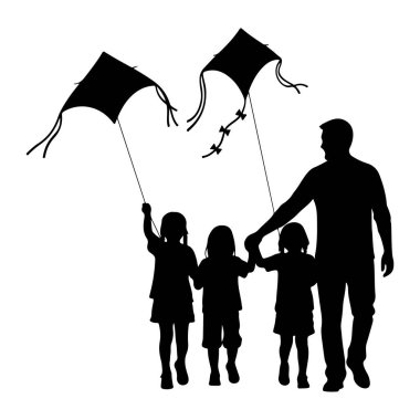 Siyah bir siluet, birlikte yürürken üç çocukla el ele tutuşan bir baba tasvir ediyor. Üstlerinde iplerle bağlı iki uçurtma görülebilir. Sahne, beyaz arkaplana karşı basit, grafik bir şekilde oluşturulur.