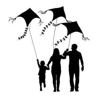 Siyah bir siluet, havada uçan üç uçurtmaya bağlı üç, iki yetişkin ve bir çocuklu bir aileyi tasvir eder. Aile fertleri ortada çocukla birlikte yürüyorlar. - Ne? Uçurtmaların küçük yay şekillerinden oluşan kuyrukları vardır. Şey...