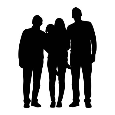 Bir araya gelip kucaklaşan bir aile grubunun siyah silueti. İki yetişkin daha küçük bir figürle çevrelenir, bu da bir ebeveyn, çocuk ya da çocuğa işaret eder. Şekiller belden aşağısı, vücutları birbirine yakın olarak tasvir ediliyor. Arka plan plai.