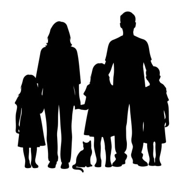 İki ebeveyn, iki kız ve bir erkek çocuktan oluşan siyah bir siluet. Çocukların önünde siyah bir kedi silueti oturuyor. Rakamlar düz beyaz bir arkaplan ile özetlenmiştir.