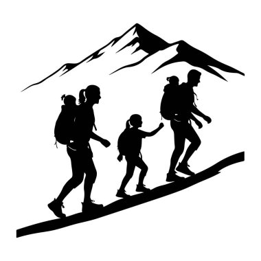 Siyah bir siluet, iki yetişkin ve bir çocuk dahil dik bir yamaçta tırmanan bir aileyi tasvir eder. Yetişkinler sırt çantası taşıyor ve çocuk da bir sırt çantasıyla donatılmış. Arka planda, sivri bir dağ silueti bir w 'ye karşı siluetlenir.