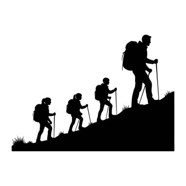 Siyah bir siluet, dört kişilik bir aileyi dik, çimenli bir yamaçta yürürken tasvir ediyor. Rakamlar, en büyükten en küçüğe, bir erkek, bir oğlan, bir kız ve başka bir kız, hepsi sırt çantası takıyor ve yürüyüş direkleri kullanıyor. Sahne katıksız bir grafiğe dönüştürüldü.