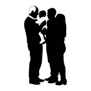 Bir ailenin siyah silueti etkileşimde. Solda yetişkin bir erkek bir bebeği tutuyor, sağ tarafta yetişkin bir erkek ve dişiye bakıyor. Yetişkin dişi, bebeği sağ taraftan tutuyor. Rakamların hepsi profilden, beyaz bir grupla karşı karşıya.