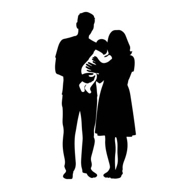 Siyah bir siluet. Bir adam ve bir kadın bir arada duruyorlar, bir bebeği tutuyorlar. Adam solda, ve kadın da sağda. Bebek kadının kollarında, erkeğin kolu da kadının kollarında beşikte. Rakamlar bir zerre kadar siyaha karşı