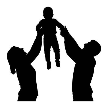 Siyah bir siluet, beyaz bir arkaplanda üç kişilik bir aile tasvir ediyor. İki yetişkin, muhtemelen ebeveynler, kollarını yukarı kaldırarak gösteriliyorlar. Yetişkinlerden biri solda, diğeri sağda. Aralarında, küçük bir çocuk ya da bebek var.