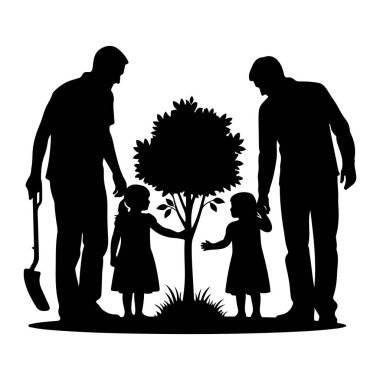 Siyah bir siluet, küçük bir ağacın etrafında toplanmış iki yetişkin ve iki çocuğu tasvir eder. Bir yetişkin elinde kürek tutuyor, bu da ekme eylemini gösteriyor. Çocuklar ağacın yanında, biri gövdesine dokunuyor. Çimenler ağacın dibinde görünür.