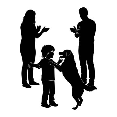 İki yetişkin ve bir çocuğun da dahil olduğu siyah bir aile silueti bir köpekle etkileşimde. Çocuk, arka ayaklarının üzerinde duran köpeğe uzanıyor. Yetişkinler alkışlıyor, etkileşimi teşvik ettiklerini veya kutladıklarını öne sürüyorlar.