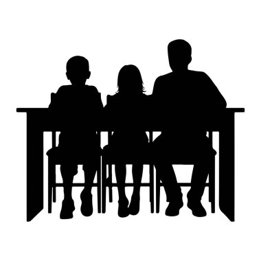 Siyah bir siluet, muhtemelen bir baba ve iki çocuklu üç kişilik bir aileyi bir masada otururken resmediyor. Rakamlar önden bakılıyor, baba sağda ve çocuklar solda, birbirlerine yakın konumdalar. Masa ve sandalyeler...