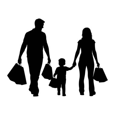 Birlikte yürüyen bir ailenin siyah silueti. Bir erkek ve bir kadın, muhtemelen ebeveynler, küçük bir çocuğun her iki tarafındalar. Erkek ve kadının her biri alışveriş torbaları taşıyor. Çocuk hem yetişkinlerle el ele tutuşuyor hem de bir alışveriş çantası taşıyor.