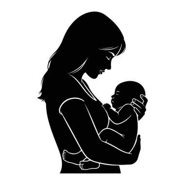 Elinde bebek tutan siyah bir kadın silueti. Kadının başı eğik, kollarında beşikteki bebeğe bakıyor. Bebek sarılmış ve uyuyor gibi görünüyor. Görüntü sade ve minimalist, beyaz çizgiler figürleri yeniden tanımlıyor.