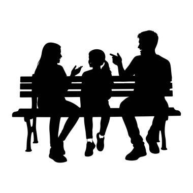 Üç kişilik bir ailenin, iki yetişkinin ve bir çocuğun siyah bir silueti bir park bankında oturuyor. Birbirlerine bakıyorlar ve hareketli bir sohbete dalmış gibi görünüyorlar, elleri hareket ediyor. Arkaplan düz beyaz.
