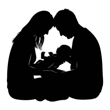 Siyah bir siluet bir aile birimini tasvir ediyor. Bir anne ve baba yakın konumda, başları birbirine değiyor, aralarında tutulan küçük bir bebeği kucaklıyorlar. Bebek beşikte nazikçe, görünür elleri ve ayakları ile. Genel kompozisyon bir se iletir