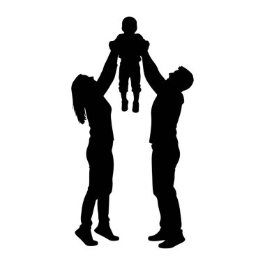 Beyaz arka planda bir ailenin siyah silueti tasvir edilir. Bir erkek ve bir kadın kolları yukarıda, her iki tarafta dururlar. Aralarında, küçük bir çocuğu tutuyorlar, o da siluet içinde, havada. Bu figürler tasvir edilmiş.