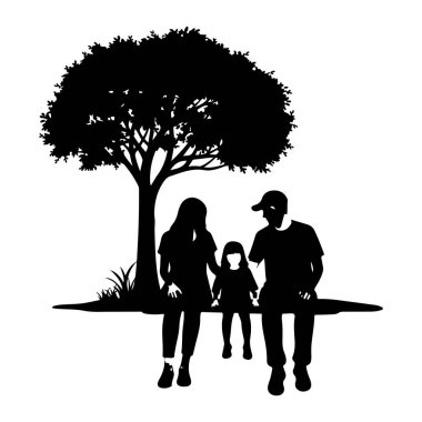Siyah bir siluet, büyük, yapraklı bir ağacın altında yatay bir yüzeyde birlikte oturan üç kişilik bir aileyi tasvir eder. Aile, aralarında konumlanmış iki yetişkin ve bir çocuktan oluşur. Sahne düz beyaz bir arkaplan ile, küçük bir 
