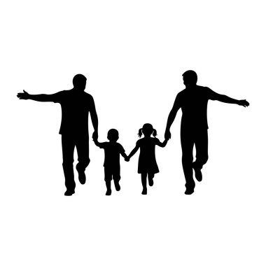Siyah bir siluet dört kişilik bir aileyi birlikte yürürken resmediyor. İki yetişkin, muhtemelen ebeveynler, dışarıda, her biri bir çocuğun elini tutuyor. Çocuklar, bir oğlan ve bir kız, ortada, onlar da el ele tutuşuyorlar. Tüm figürler kollarını kaldırdı.