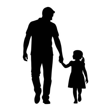 Siyah siluet bir adam ve genç bir kız el ele tutuşarak yürüyorlar. Erkek daha uzun boylu ve kız elbise giyerken liderlik ediyor gibi görünüyor. Arkaplan düz beyaz, figürleri vurguluyor..