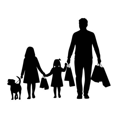 Siyah bir siluet birlikte yürüyen bir aileyi tasvir ediyor. Sağda bir adam var, alışveriş torbaları tutuyor. Ortada el ele tutuşan ve alışveriş torbaları taşıyan iki genç kız var. Tasmalı bir köpek kızların soluna doğru yürür. Rakamlar Sil.