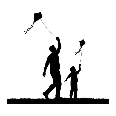 Beyaz gökyüzünde uçan uçurtmalara bağlı ipleri elinde tutan bir adam ve çocuğun siyah silueti. Adam daha uzun boylu ve uçurtmasına bakıyor. Çocuk daha küçük ve uçurtmalarına bakıyor..