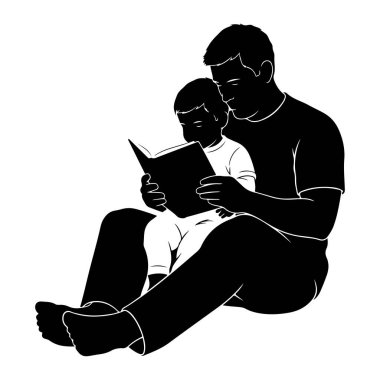 Siyah bir siluet, bir baba ve küçük bir çocuğun birlikte oturup kitap okuması. Baba kitabı açık tutuyor, ve çocuk da sayfalara bakıyor. Her ikisi de beyaz arka planda basit ve temiz bir şekilde resmedilmiş..