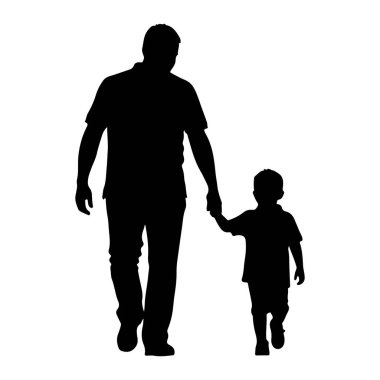 Siyah bir siluet bir adam ve küçük bir çocuk el ele tutuşarak birlikte yürüyorlar. Çocuk onun yanında yürürken adam daha uzun boylu ve yol gösteriyor gibi görünüyor. Her iki figür de belden aşağısı ve vücutları öne doğru bakıyor. Şey...