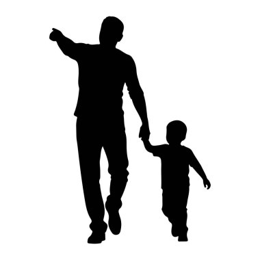 Yanyana yürüyen bir adam ve bir çocuğun siyah silueti. Adam çocuğun elini tutuyor ve diğer koluyla öne doğru işaret ediyor. Arkaplan düz beyaz.