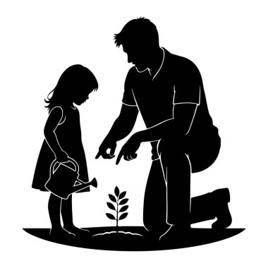 Diz çöküp küçük bir bitkiyi işaret eden bir babanın silueti. Yanında elinde bir su bidonu tutan genç bir kız. Sahne onları bahçe işleriyle uğraşırken gösteriyor..