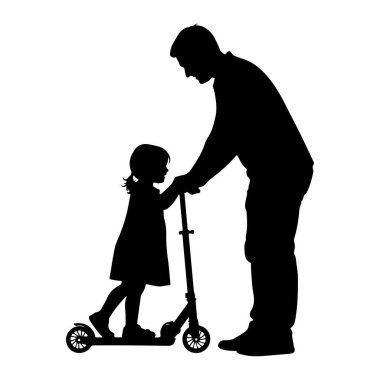 Siyah bir siluet bir baba ve küçük bir çocuğun scooterla etkileşimini tasvir eder. Baba, ayakta, eğilir ve çocuğun elinde dinlenen, scooter gidonu tutar. Çocuk, at kuyruklu bir kız, ayakta duruyor.