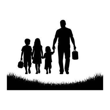 Siyah bir siluet, çimenli bir alanda üç çocukla el ele yürüyen bir baba tasvir ediyor. Baba sağ elinde bir çanta taşırken, iki büyük çocuk da çanta taşıyor. En küçük çocuk babasının elini tutuyor. Sahne yırtılıyor